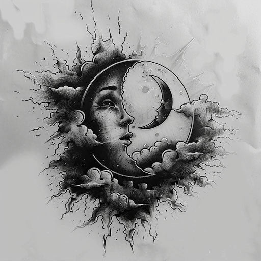 Gothic tattoo sketch of a sun and moon with dark clouds, monochrome with silver highlights