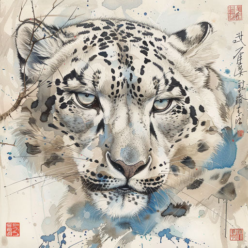 Snow leopard in Chinese watercolor style, elegant and fluid