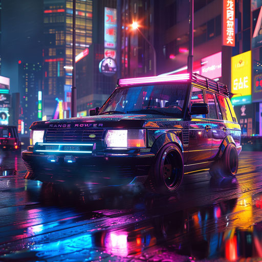 Futuristic vehicle driving through neon city