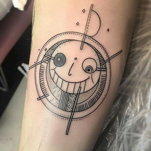 Art Deco inspired smiley face tattoo, geometric shapes, on white background