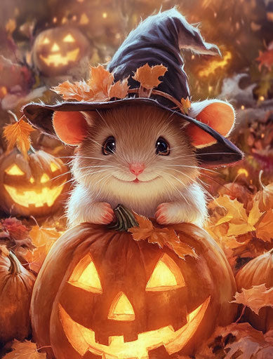 Adorable mouse in witch hat on pumpkin