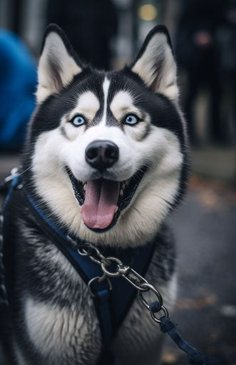 The husky dog on a leash gazes at the camera