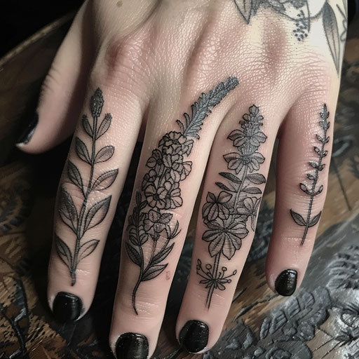 Botanical ring finger tattoos