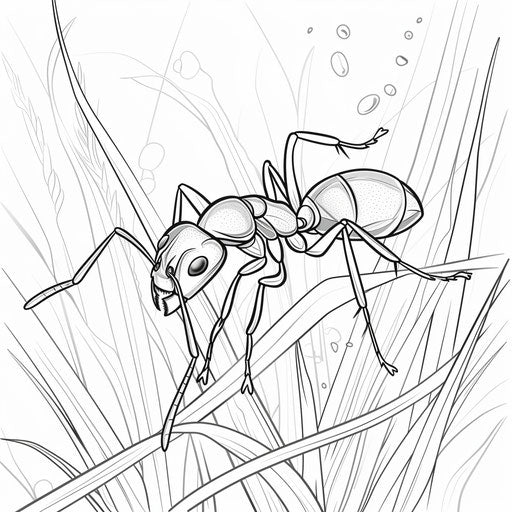 Ant on a blade of grass with morning dew