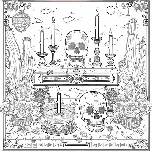 Day of the Dead altar with candles and sugar skulls