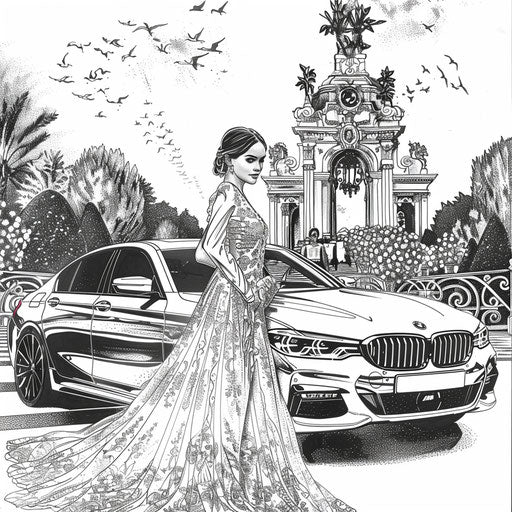 A BMW car in a glamorous high-fashion scene with elegant designs