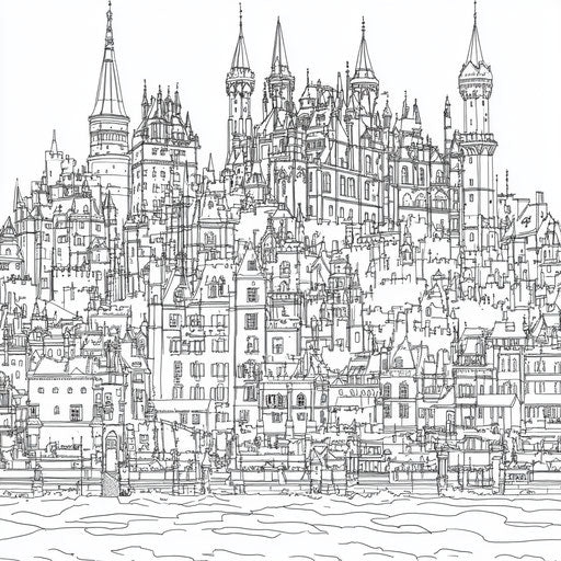 Princess castle in detailed cityscape, Stephen Wiltshire style