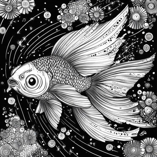 Rainbow fish with fantasy elements, in the style of Mamoru Hosoda