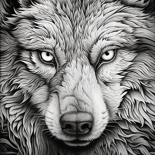 Detailed wolf coloring page, black and white