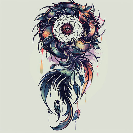 Surreal flat tattoo sketch of a spiral morphing into a dream catcher, pastel colors, clipart style