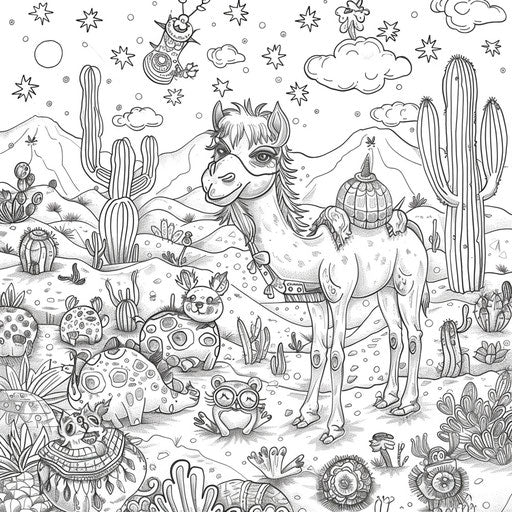 Playful scene of a camel surrounded by desert animals