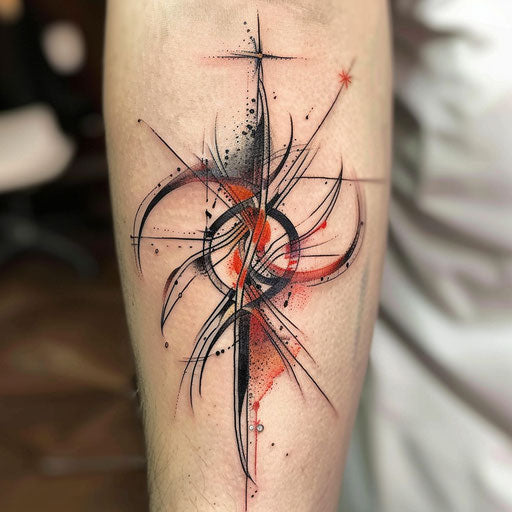 Abstract strength cross tattoo of swirls and sharp angles