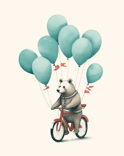 Bear on bike with balloons