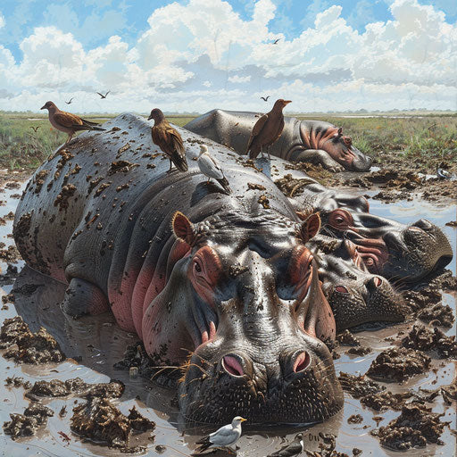 Group of hippos in mud with birds