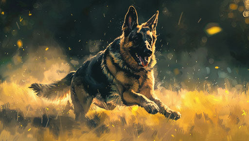 German shepherd running in grass, light navy and light amber style