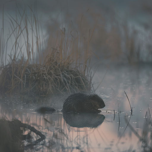 Muskrat in a foggy marsh morning
