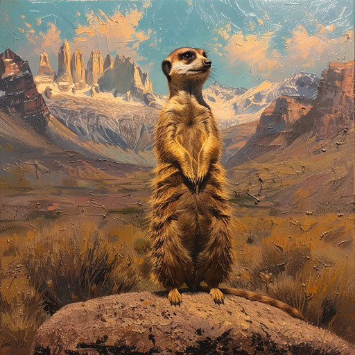 Meerkat with mountain backdrop, highlighting their small size in a vast world
