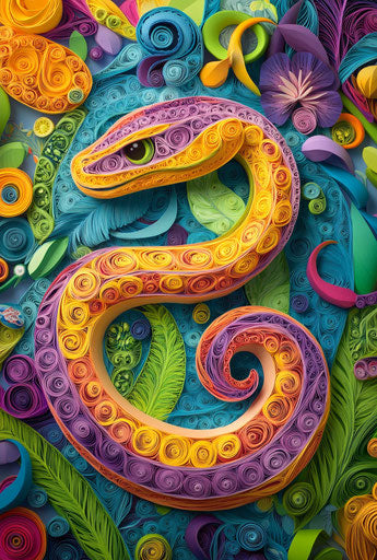 3D quilling paper art of snake, vibrant colors, colorful background, detailed 59:88