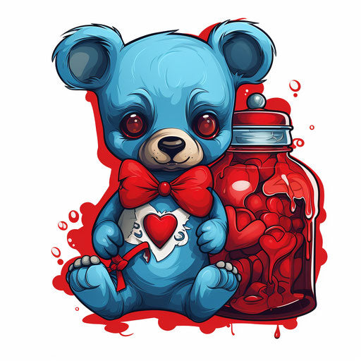 Teddy bear with bottle, tattoo inspired, red and azure