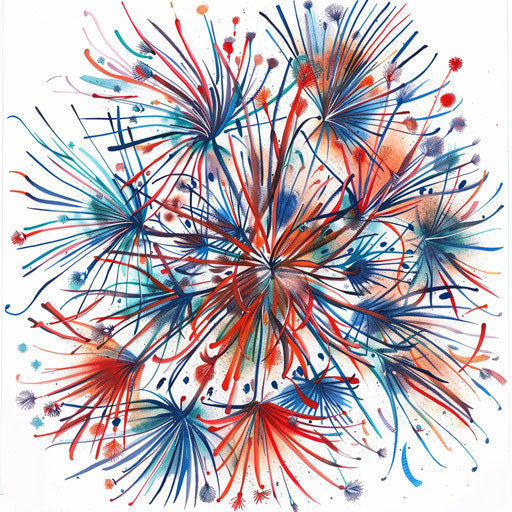 Fireworks tattoo celebrating the Fourth of July, colorful and explosive on white paper.