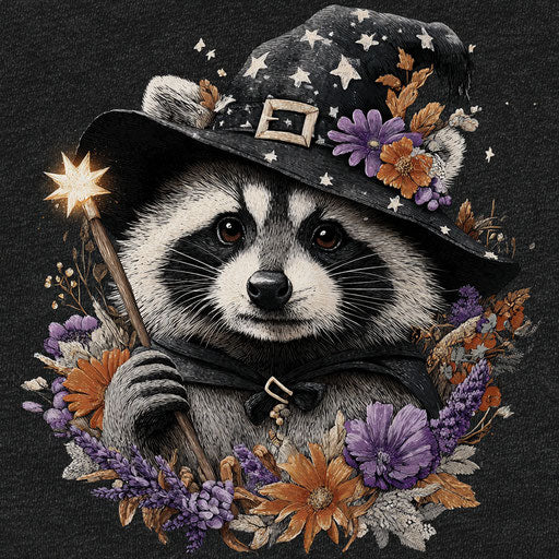 A cute raccoon with a charming witch's hat