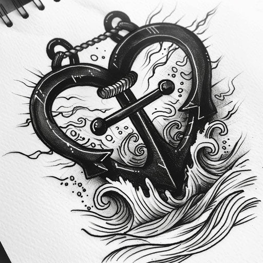 Nautical flat tattoo sketch of a black heart with an anchor and ocean waves