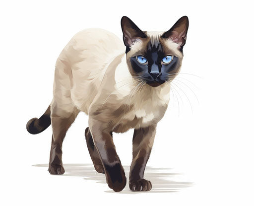Siamese cat walking on white background, maroon and indigo style