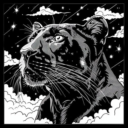 Black panther under starry night sky. Coloring book page
