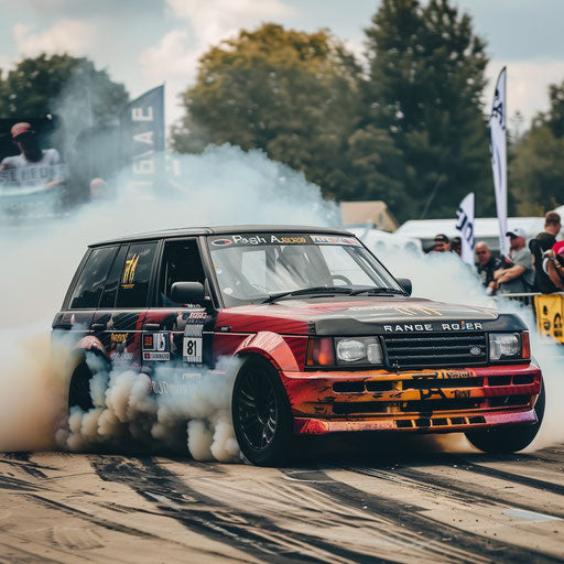 Tuned Range Rover for drift racing, tire smoke, event
