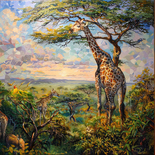 A giraffe reaching for the highest leaves on an acacia tree