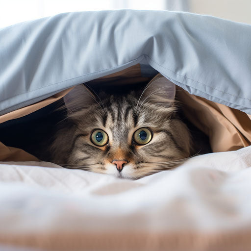 A Siberian cat under bed covers with his head sticking out