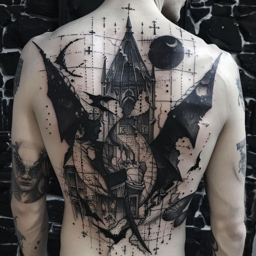 Gothic patchwork tattoo in the style of Gerald Brom