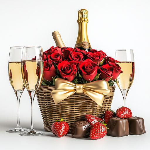 Valentine's Day Celebration with Red Roses, Champagne, and Chocolates