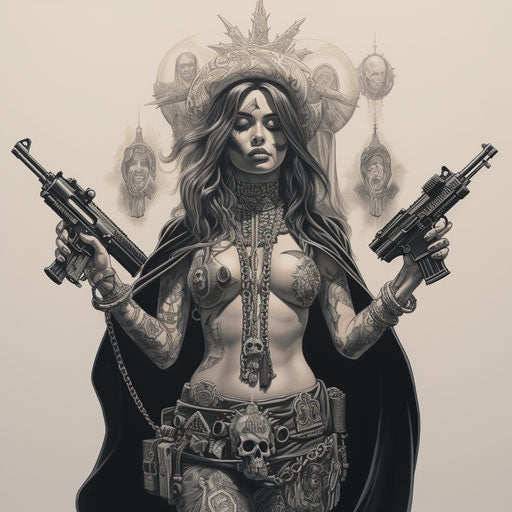 Armed woman with skull, religious chicano style