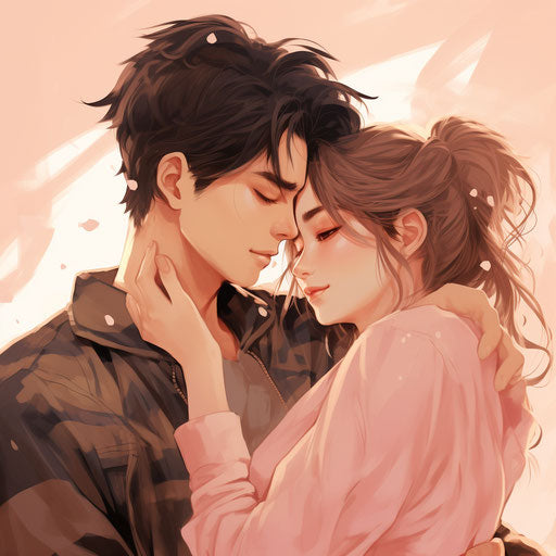 Anime couple embracing, gongbi style, light pink and yellow