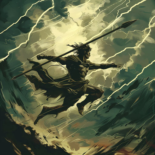 Energetic sketch of Baldur leaping with a spear, amid stormy skies, in a dynamic clipart style