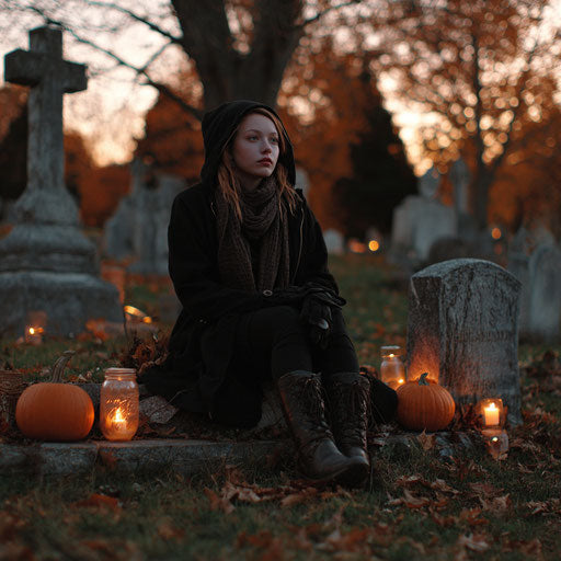 Somber Autumn Scene with Candles and Pumpkins