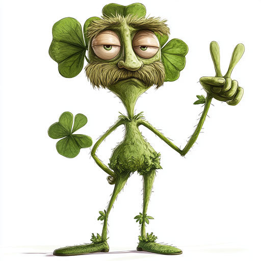 Humorous caricature of a clover with exaggerated human characteristics