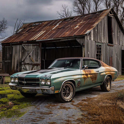 1977 Chevelle with patina finish and vintage decals in front of old barn