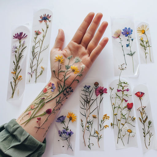 Bold, graphic wildflower tattoos on white background