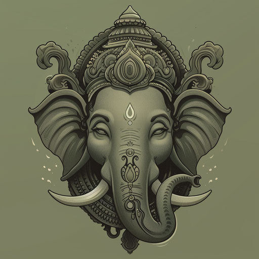 Ganpati clipart with a realistic depiction on a flat, muted olive background, emphasizing soft gradients and refined linework