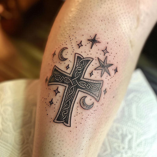 Celestial-themed celtic cross tattoo on white background