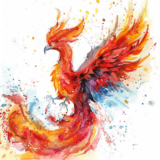 Vibrant phoenix emerging from flames in watercolor on white