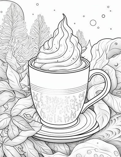 Winter coloring page with coffee or tea mug