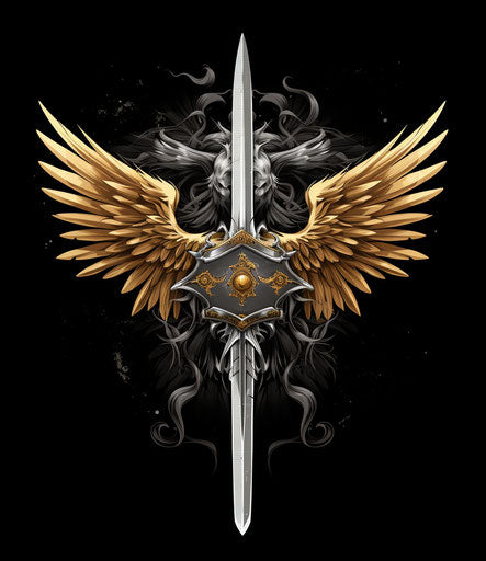 Double blade sword with wings in black and white