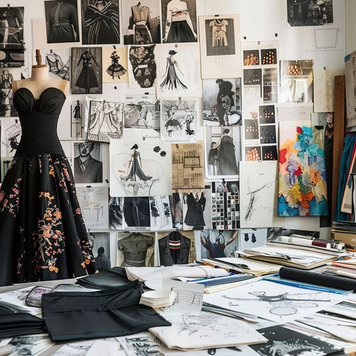 Creating commercial images of a fashion designer in a studio amidst fabrics and sketches