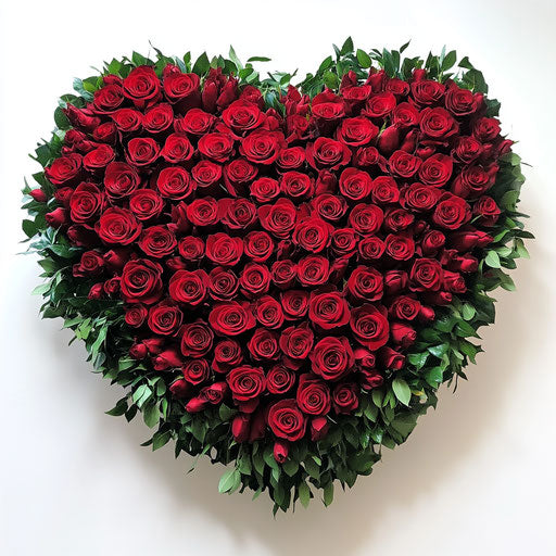 Heart-shaped arrangement of red roses on white background