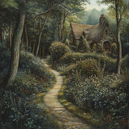 Woodland path lined with holly bushes, leading to a hidden holiday retreat in the heart of the forest.