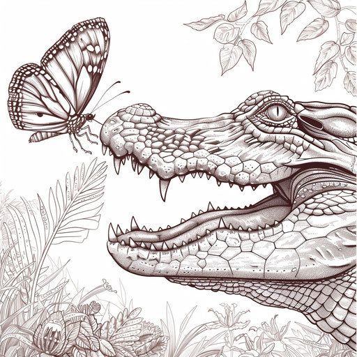 Sketch of an alligator snapping its jaws at a butterfly