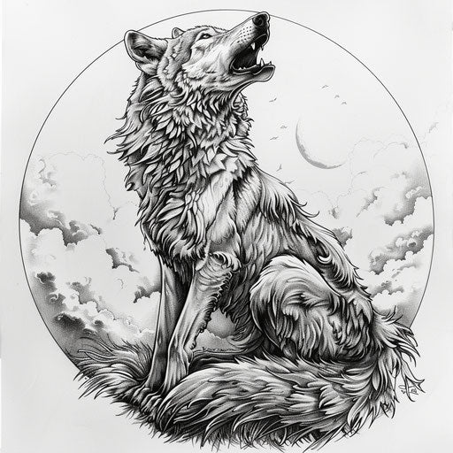 Wolves howling at the moon in a detailed drawing